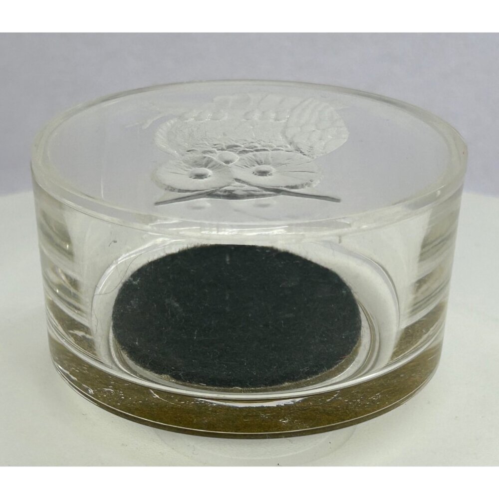 Trinket Jewelry Box Etched Owl Design Lid Round Clear & Black Vintage Look Retro - Picture 4 of 8
